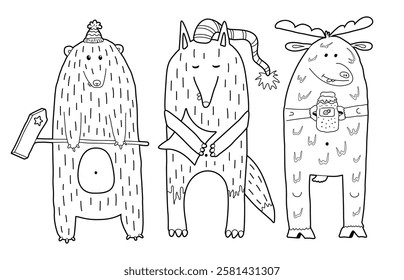 Coloring book page illustration with three cute cartoon animal friends: bear, fox, and moose