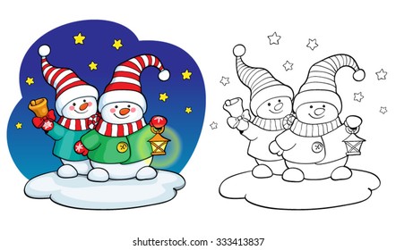 Coloring book or page, illustration. Vector card concept - Cute snowman.