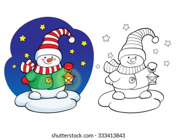 Coloring book or page, illustration. Vector card concept - Cute snowman.