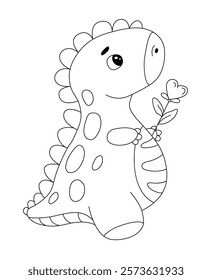 Coloring book page with isolated cute cartoon dinosaur holding a Heart Shaped flower