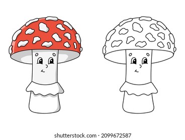 Coloring book page for kids. Amanita mushroom. Cartoon style character. Vector illustration isolated on white background.