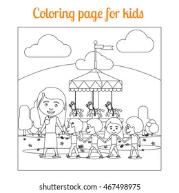 Coloring book page for kids with amusement park. vector illustration