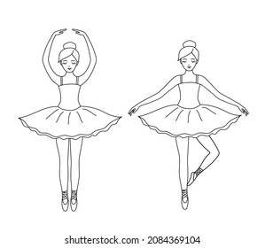 Colorear un libro o página para niños con bailarina. Esbozar ilustración vectorial en blanco y negro. Muchacha bailarina linda aislada en un fondo blanco