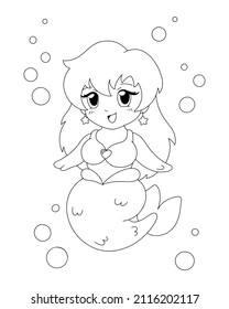 Coloring book page for kids. Beautiful plump little mermaid. Cartoon style character. Vector illustration isolated on white background.