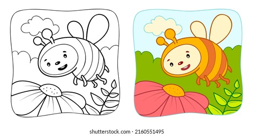 Coloring book or Coloring page for kids. Bee vector illustration clipart. Nature background.