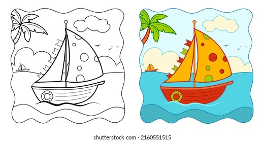 Coloring book or Coloring page for kids. Boat vector illustration clipart. Nature background.