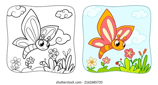 Farbbuch oder Farbseite für Kinder. Schmetterling, Vektorgrafik, Clipart. Naturhintergrund.