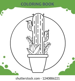 Coloring book page for kids. The cactuses in pot