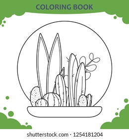 Coloring book page for kids. The cactuses in pot