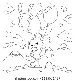 Colorando la página del libro para los niños. Un gato enamorado vuela con un regalo en globos. Día de San Valentín. Caricatura de estilo. Ilustración vectorial aislada en fondo blanco.