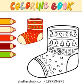 Coloring book or page for kids. Christmas Sock black and white vector illustration