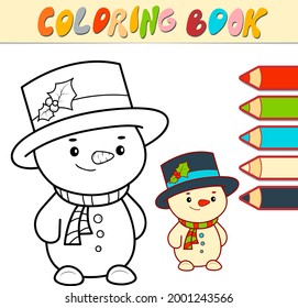 Coloring book or page for kids. Christmas snow man black and white vector illustration