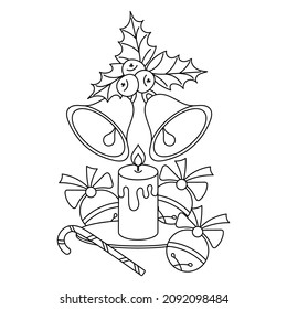 Coloring book page for kids. Christmas items and elements . Hand-drawn Doodle vector illustration on white