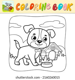 Coloring book or Coloring page for kids. Dog black and white vector illustration. Nature background
