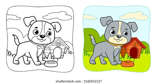 Coloring book or Coloring page for kids. Dog vector illustration clipart. Nature background.