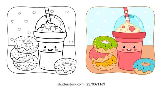 Coloring book or Coloring page for kids. Donuts and drink vector illustration clipart. Nature background.