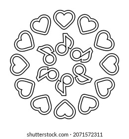 Coloring book page for kids . Doodle Musical notesand. heart. A hand-drawn round composition, mandala . Vector illustration