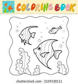 Coloring book or Coloring page for kids. Fish black and white vector illustration. Marine background