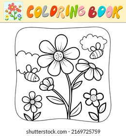 Coloring book or Coloring page for kids. Flower and bees black and white vector illustration. Nature background