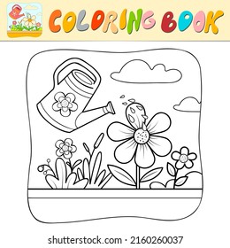 Coloring book or Coloring page for kids. Flowers and watering can black and white vector illustration. Nature background