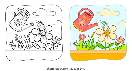 Coloring book or Coloring page for kids. Flowers and watering can vector illustration clipart. Nature background.
