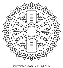 Coloring book page for kids. Flowers. Houses, trees and flowers. Spring and summer composition. Black and white vector mandala for children. Vector illustration