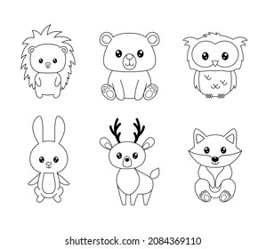 Coloring book or page for kids with forest animals. Woodland outline black and white vector illustration. Cute owl, bear, hedgehog, fox,deer, bunny isolated on white background