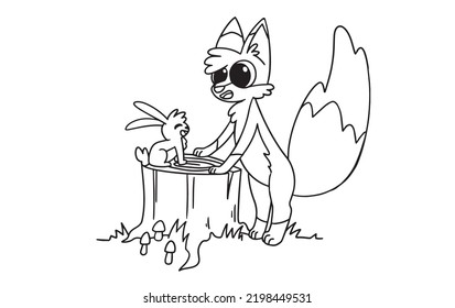 Coloring Book, coloring page for kids, fox and bunny looking at each other Black and White