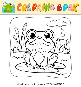 Coloring book or Coloring page for kids. Frog black and white vector illustration. Nature background