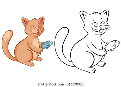 Coloring book page for kids with funny cartoon cat with fish. Vector illustration