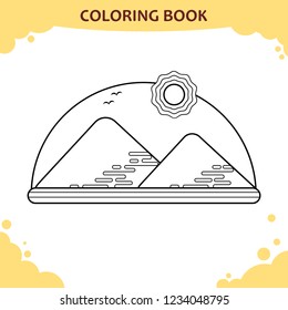 Coloring book page for kids. The Giza pyramids under sun