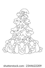 Coloring book page for kids. Halloween tree. Cartoon style character. Vector illustration isolated on white background.