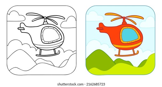 Coloring book or Coloring page for kids. Helicopter vector illustration clipart. Nature background.