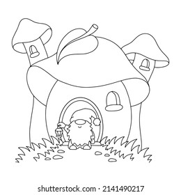 Coloring book page for kids. Mushroom house and garden gnome. Cartoon style character. Vector illustration isolated on white background.