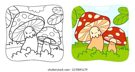 Coloring book or Coloring page for kids. Mushrooms vector illustration clipart. Nature background.