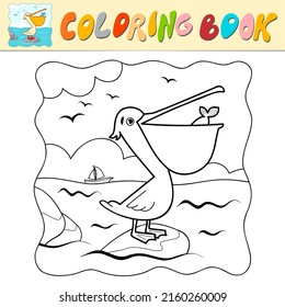 Coloring book or Coloring page for kids. Pelican black and white vector illustration. Nature background