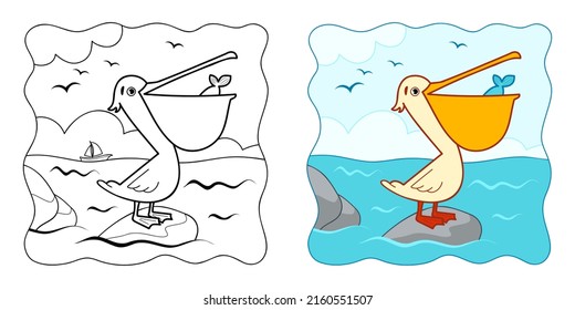 Coloring book or Coloring page for kids. Pelican vector illustration clipart. Nature background.