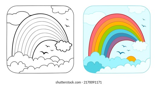 Coloring book or Coloring page for kids. Rainbow vector illustration clipart. Nature background.