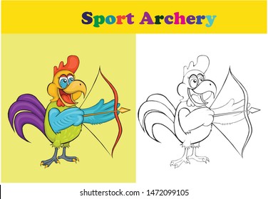 Coloring book page for kids. Rooster shoots a bow. Stock illustration. Royalty-Free image.