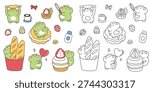 Coloring book page for kids. Set of cute kawaii green frog baker and bakery tools. Black and white outline and colorful vector illustration of French bread, cake, milk and coffee.