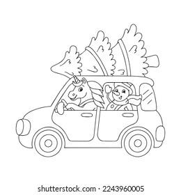 Coloring book page for kids. The snowman and the unicorn ride in the car and carry the Christmas tree. Cartoon style character. Vector illustration isolated on white background.