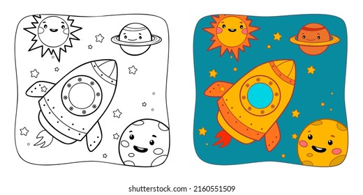 Coloring book or Coloring page for kids. Space rocket vector illustration clipart. Nature background.