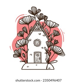 Coloring book page for kids. Spring cute handdrawn house surrounded by red poppy flowers. Print for greeting card for holiday of March 8. Gift for woman, grandmother, mother, girlfriend, daughter