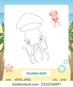 Coloring book. Coloring page for kids. Squid vector illustration clipart. 