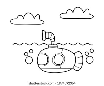 Coloring book or page for kids. Submarine black and white vector illustration. doodle style.
