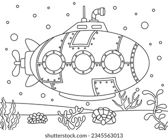Coloring book or page for kids. Submarine black and white vector illustration. doodle style