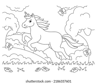 Colorando la página del libro para los niños. El unicornio salta a través del claro. Caricatura de estilo. Ilustración vectorial aislada en fondo blanco.