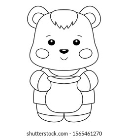 coloring book page for kids. vector editable line art. cute cartoon image of baby bear with a pot of honey