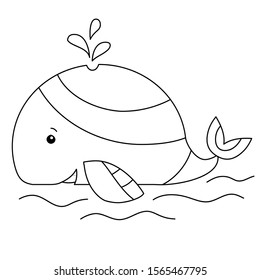 coloring book page for kids. vector editable line art. cute cartoon image of simple whale in water