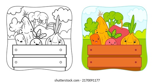 Coloring book or Coloring page for kids. Vegetables vector illustration clipart. Nature background.